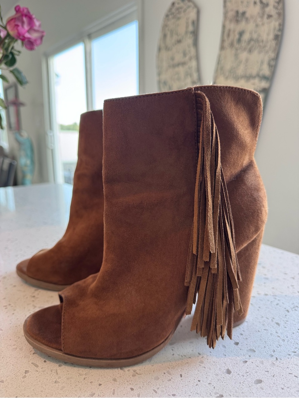 DV by Dolce Vita Brown Suede Fringe Peep-Toe Wedge Booties - Picture 3 of 5
